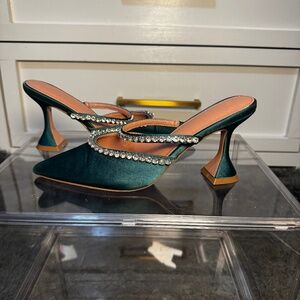 Green Satin Rhinestone Heeled Mules – Worn Once, Elegant Wedding Shoes